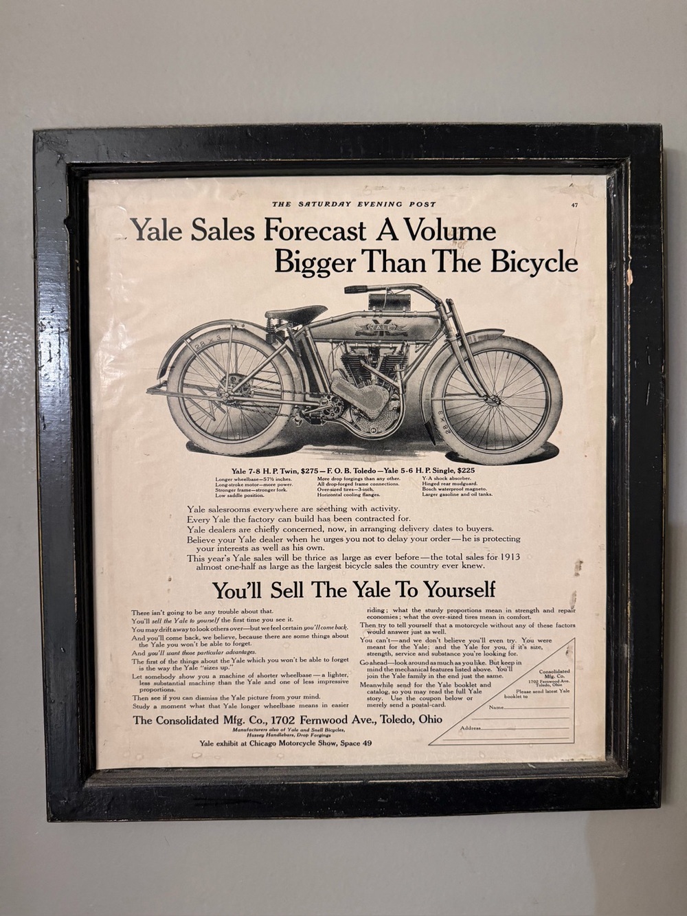 Framed Yale Motorcycle Vintage Ad - Black Frame